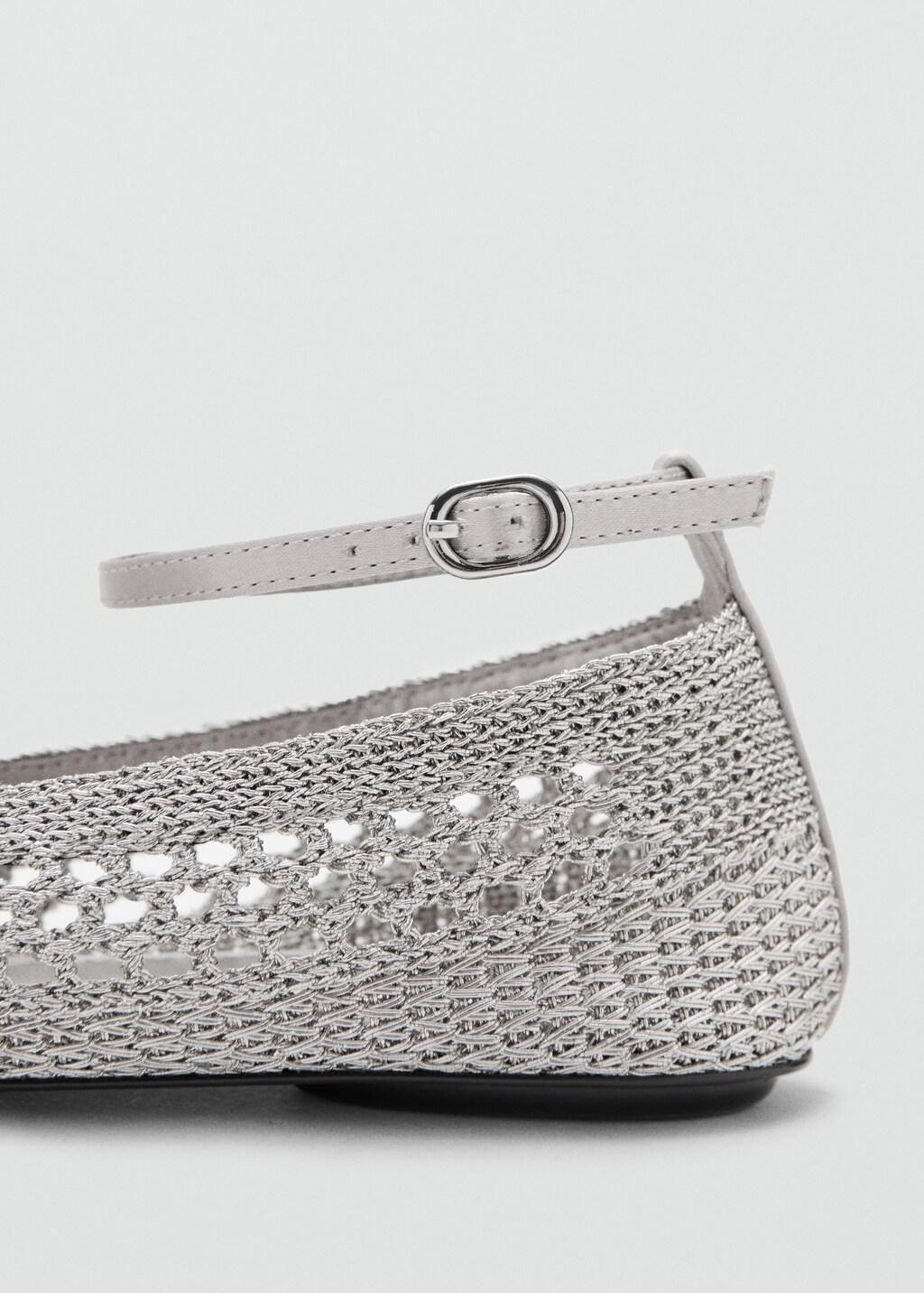 Silver Crochet Ankle Strap Ballerinas, Silver, medium