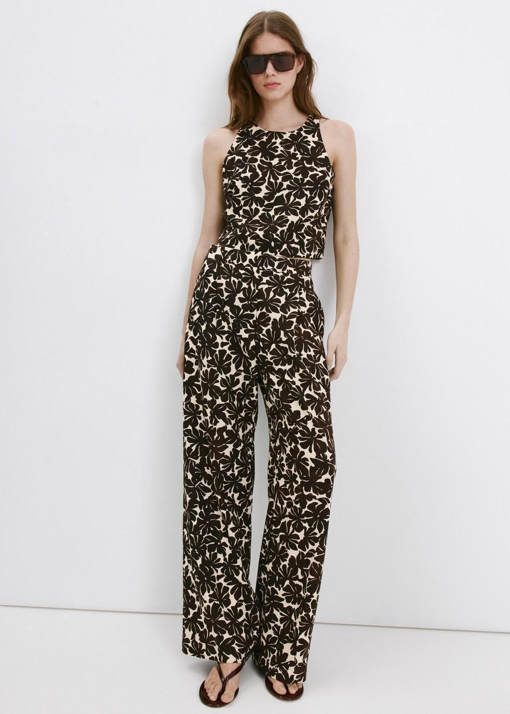 Beige Floral Print Straight Trousers, Light Beige, large image number 0