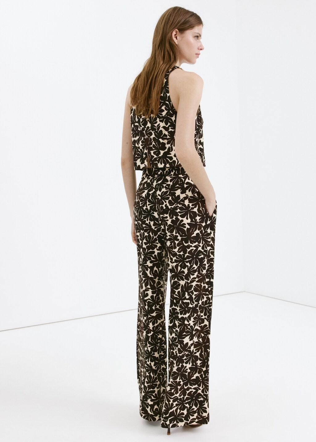 Beige Floral Print Straight Trousers, Light Beige, large image number 2
