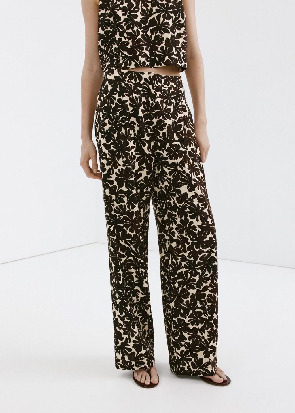 Beige Floral Print Straight Trousers, Light Beige, large image number 3