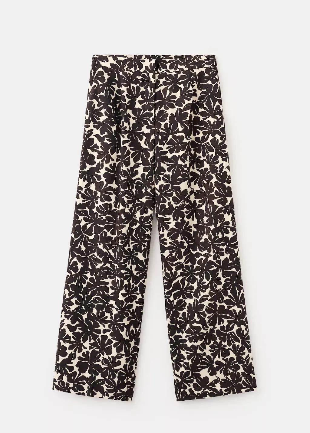 Beige Floral Print Straight Trousers, Light Beige, large image number 7