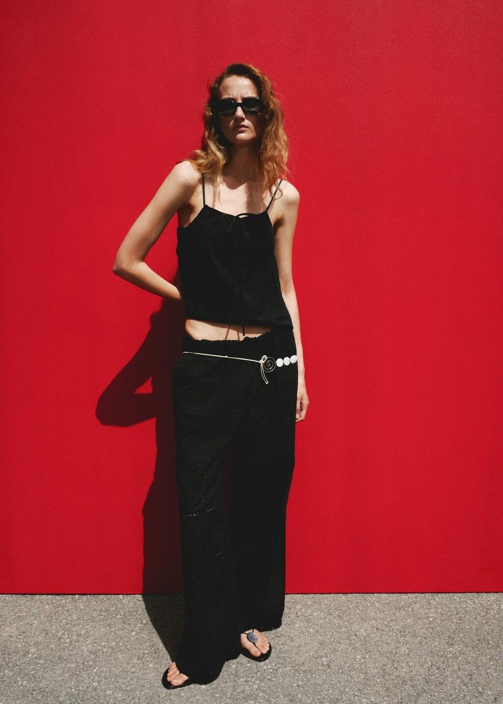 Black Embroidered Cotton Top, Black, medium