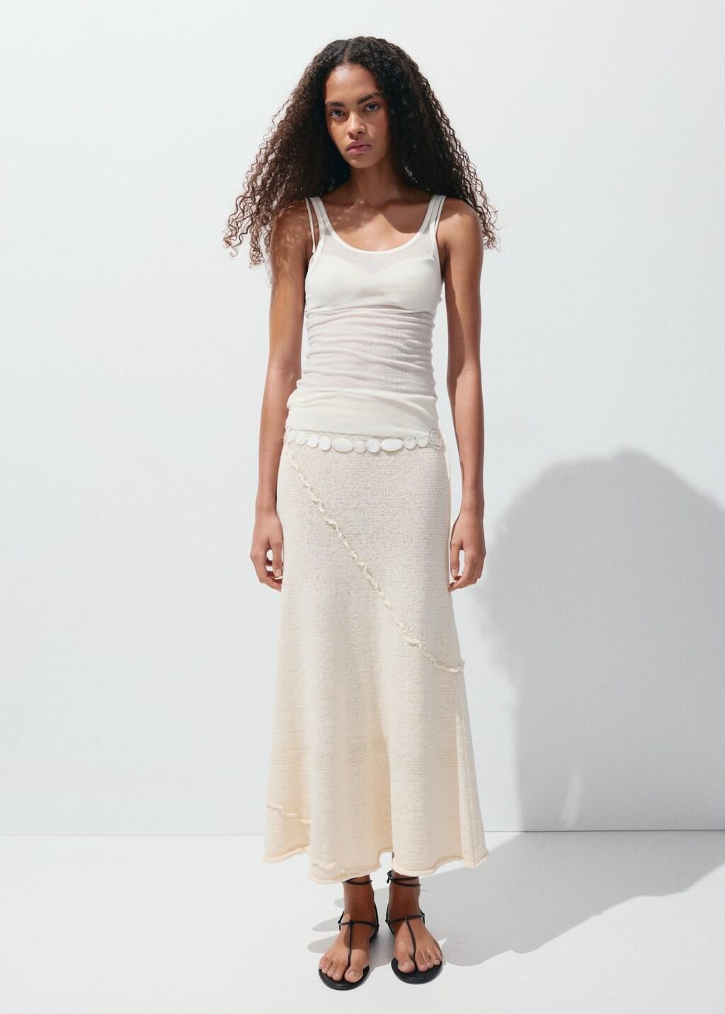Brown Ribbed Skirt With Wavy Stitching Details, Light Pastel Brown, medium