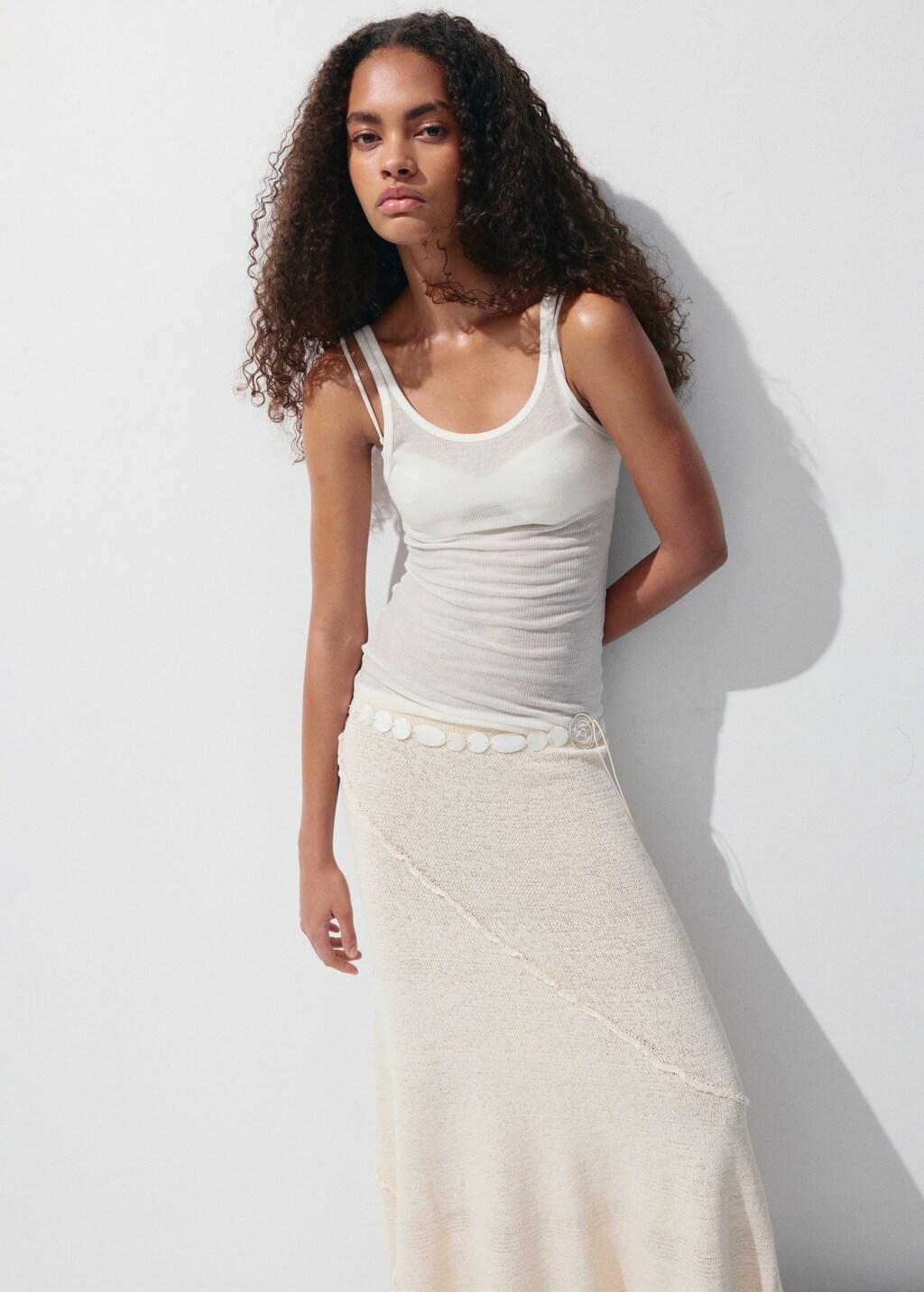Brown Ribbed Skirt With Wavy Stitching Details, Light Pastel Brown, large image number 4
