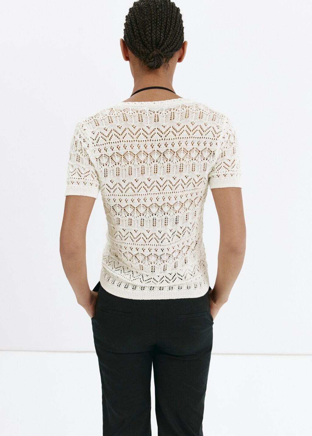 Beige Short-Sleeve Openwork Knit Cardigan, Light Beige, medium