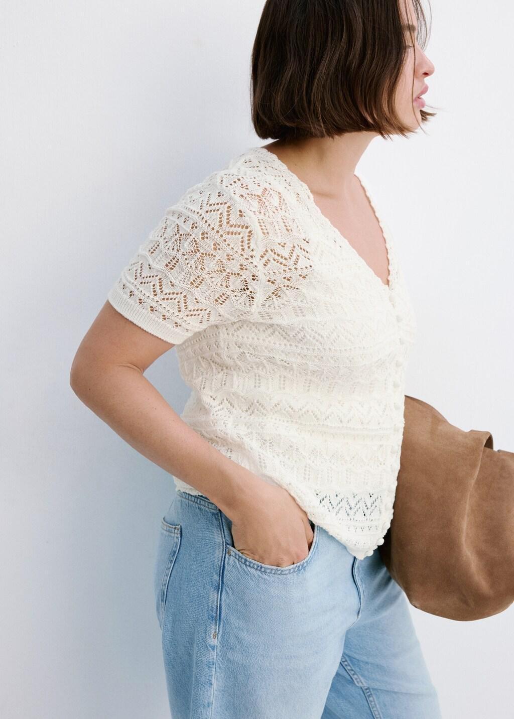 Beige Short-Sleeve Openwork Knit Cardigan, Light Beige, large image number 6