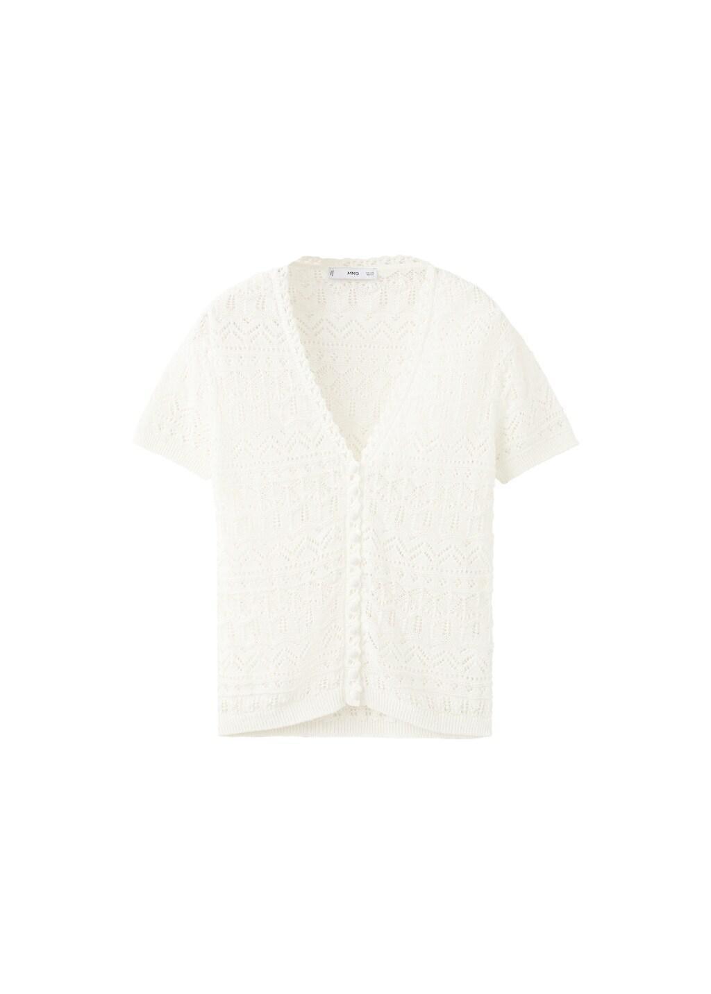 Beige Short-Sleeve Openwork Knit Cardigan, Light Beige, large image number 7