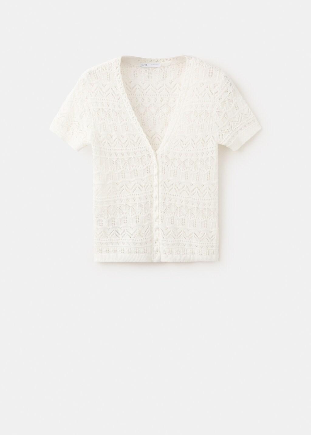 Beige Short-Sleeve Openwork Knit Cardigan, Light Beige, large image number 8