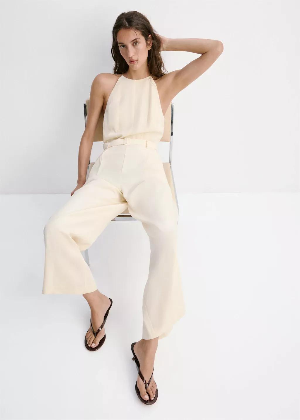 Beige Halter Jumpsuit With Belt Detail, Light Beige, large image number 0