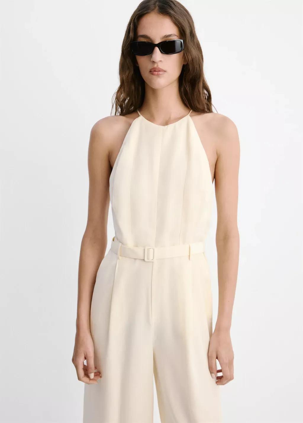 Beige Halter Jumpsuit With Belt Detail, Light Beige, large image number 3