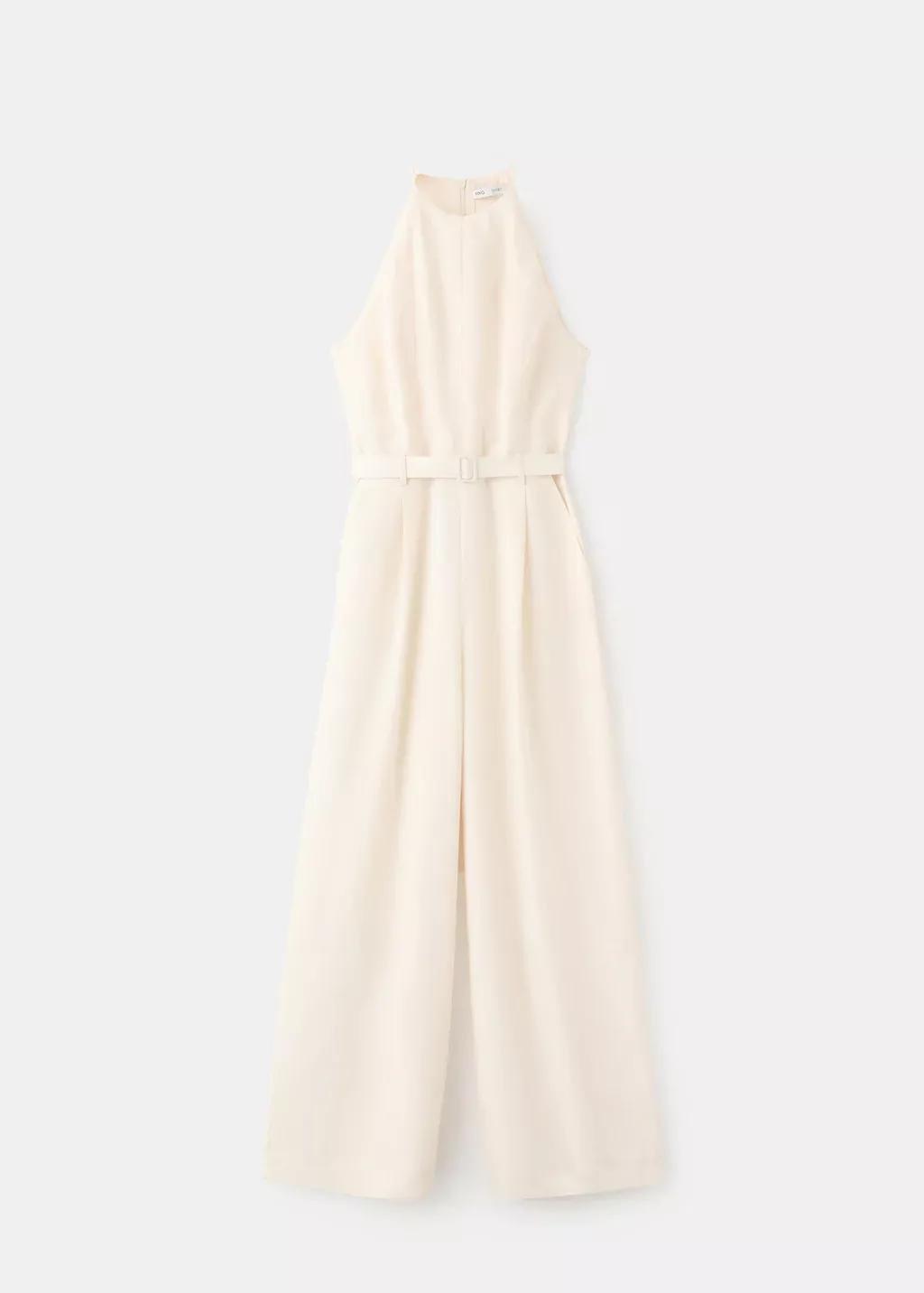 Beige Halter Jumpsuit With Belt Detail, Light Beige, large image number 6