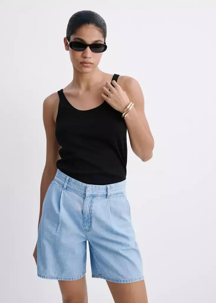 Blue Mid-Rise Denim Bermuda Shorts With Pleats, Open Blue, medium