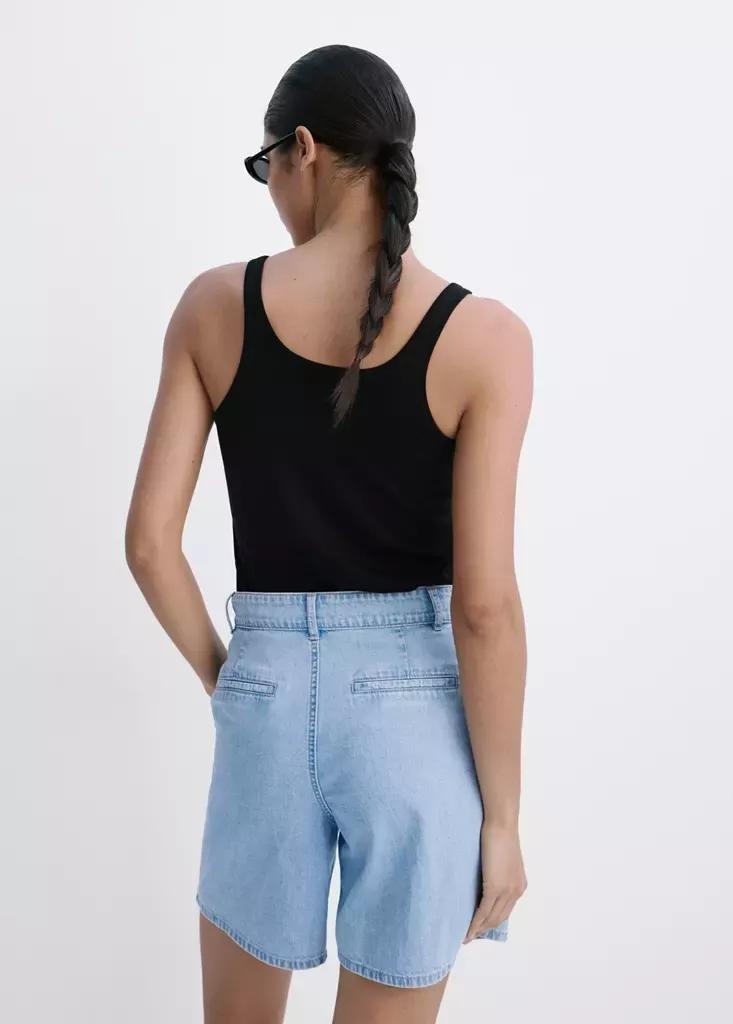 Blue Mid-Rise Denim Bermuda Shorts With Pleats, Open Blue, medium