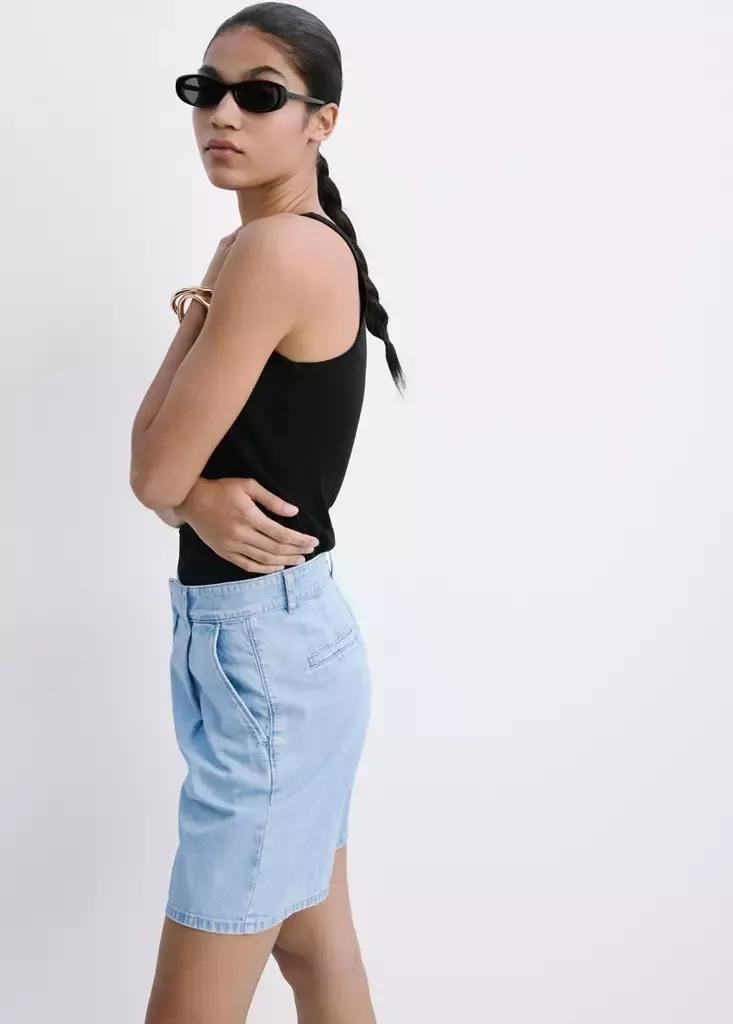 Blue Mid-Rise Denim Bermuda Shorts With Pleats, Open Blue, medium