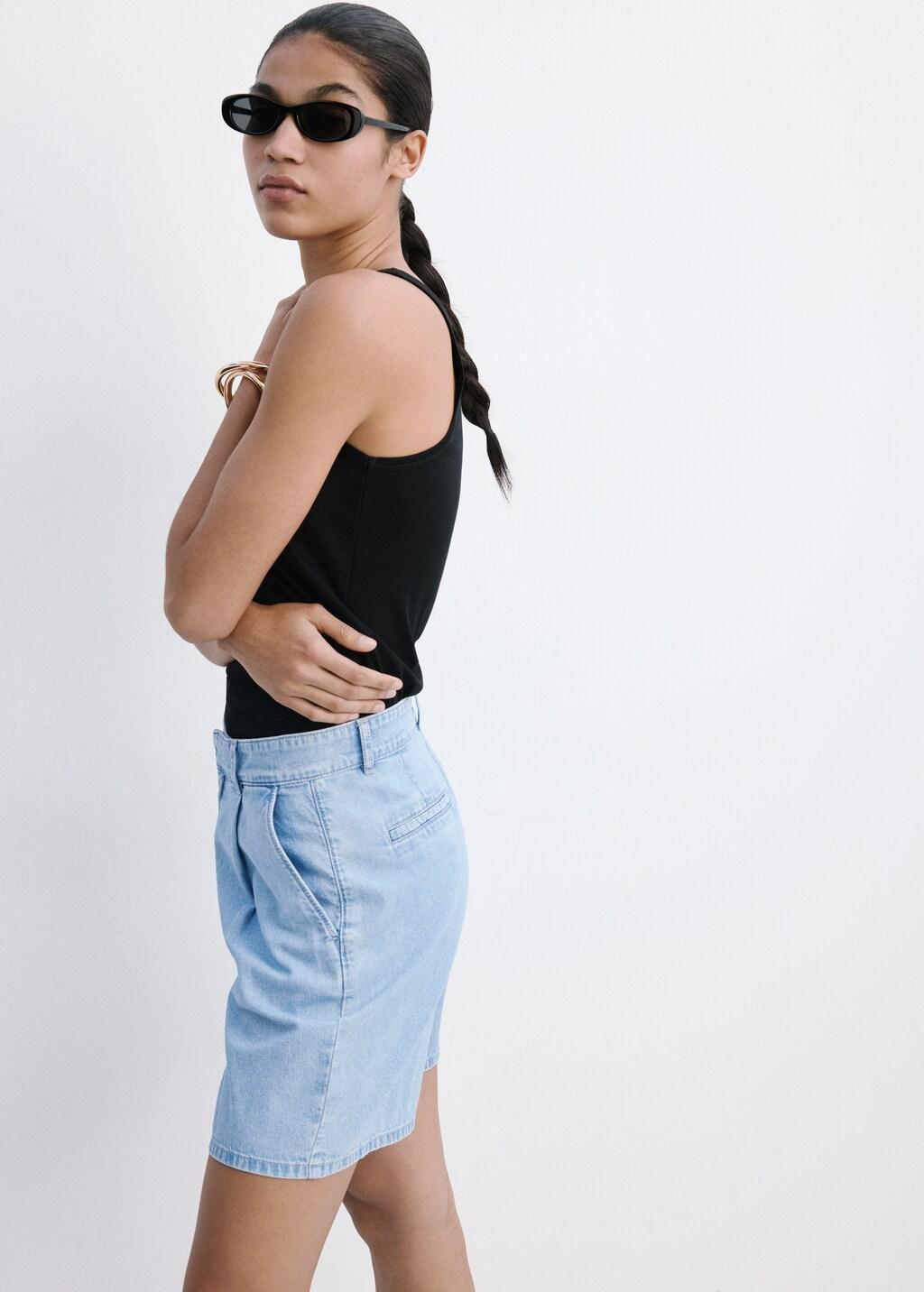 Blue Mid-Rise Denim Bermuda Shorts With Pleats, Open Blue, large image number 3