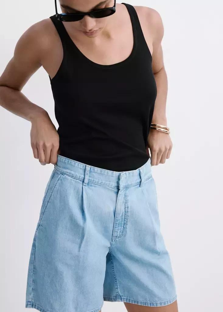 Blue Mid-Rise Denim Bermuda Shorts With Pleats, Open Blue, large image number 4