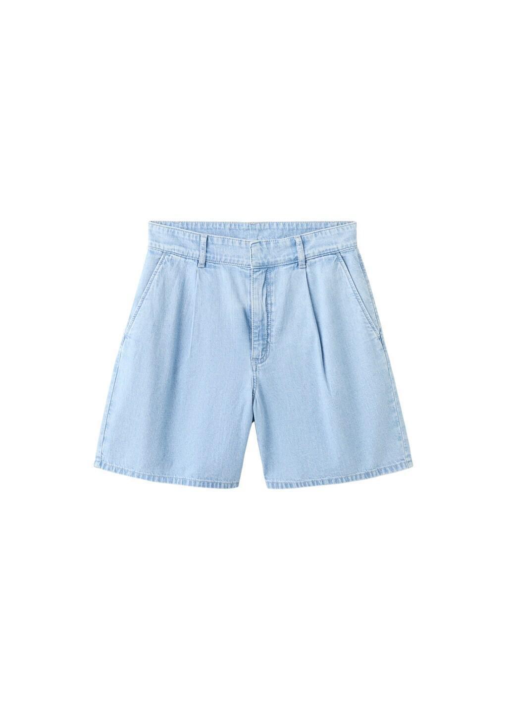 Blue Mid-Rise Denim Bermuda Shorts With Pleats, Open Blue, large image number 6