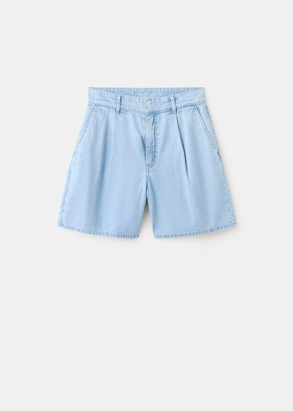 Blue Mid-Rise Denim Bermuda Shorts With Pleats, Open Blue, large image number 7