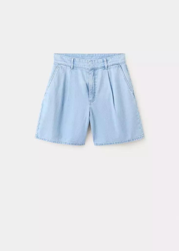 Blue Mid-Rise Denim Bermuda Shorts With Pleats, Open Blue, large image number 8