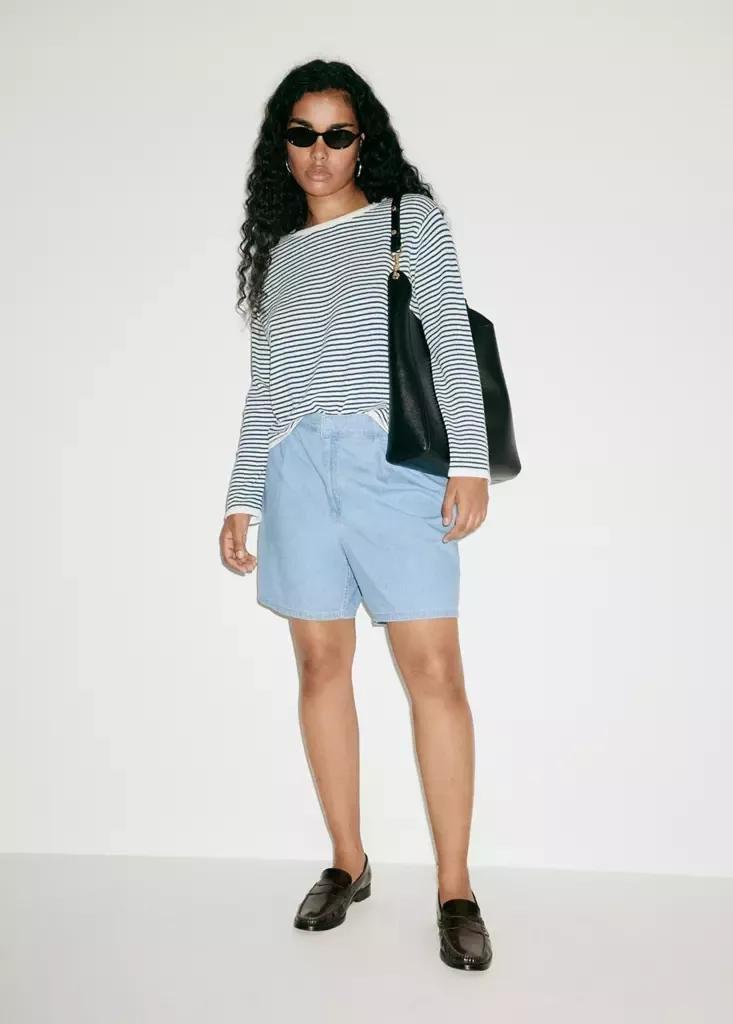 Blue Mid-Rise Denim Bermuda Shorts With Pleats, Open Blue, large image number 11