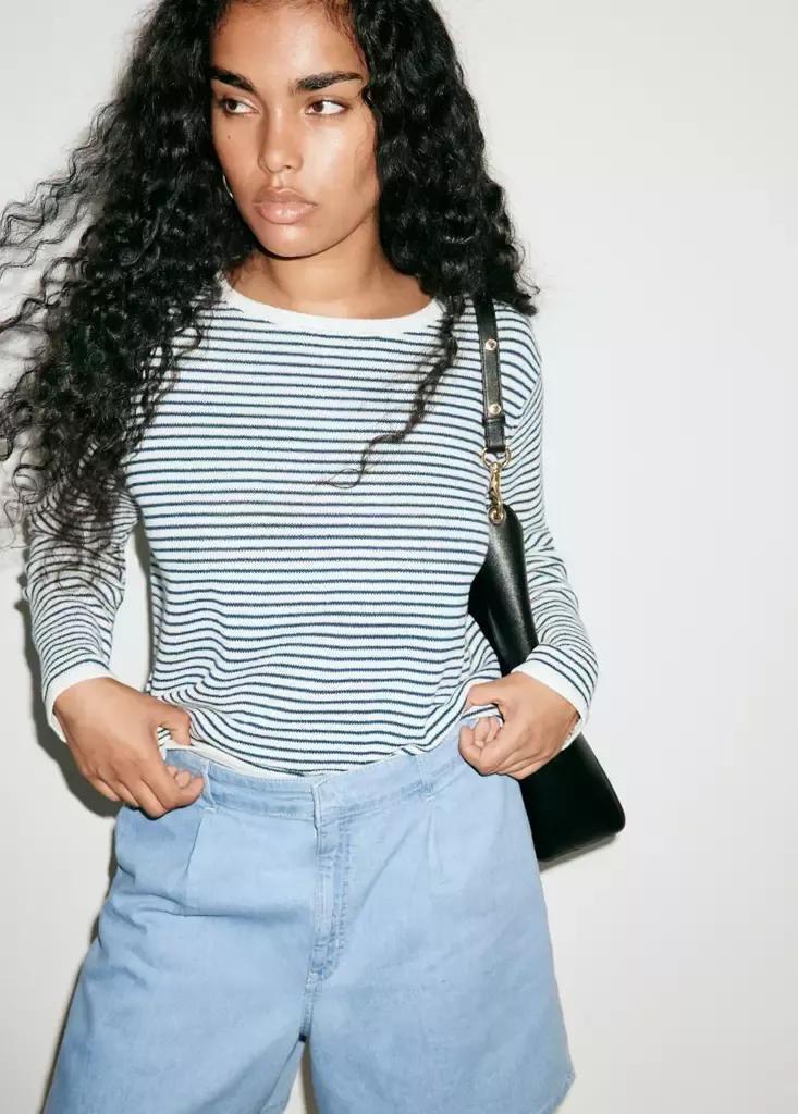 Blue Mid-Rise Denim Bermuda Shorts With Pleats, Open Blue, large image number 12