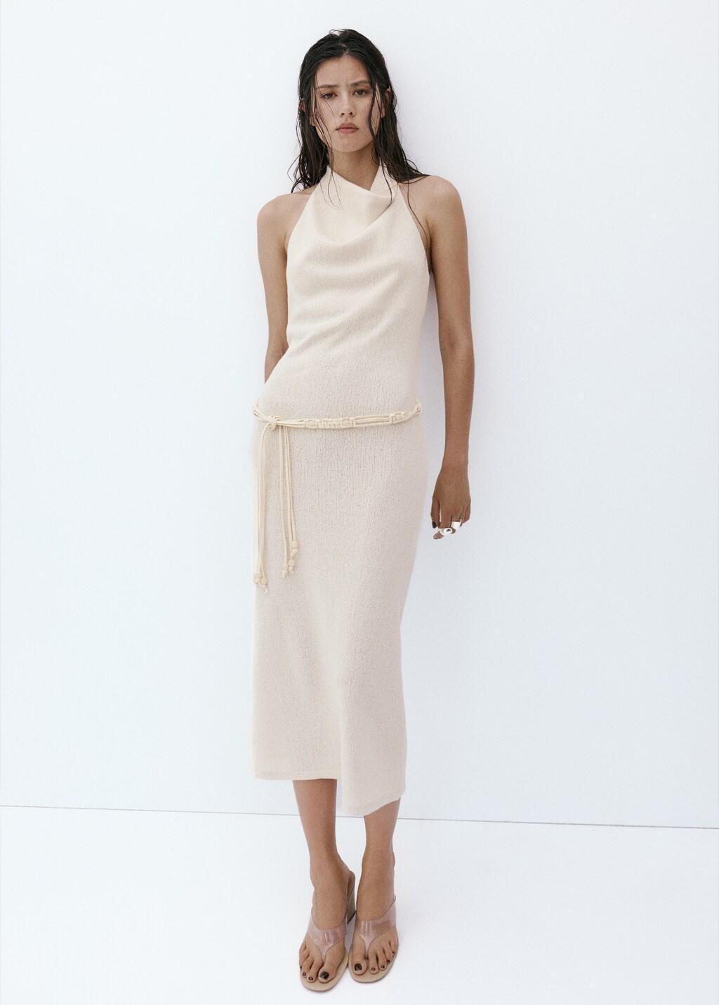 LIGHT BEIGE Halter knit dress with belt, Light Beige, large image number 0