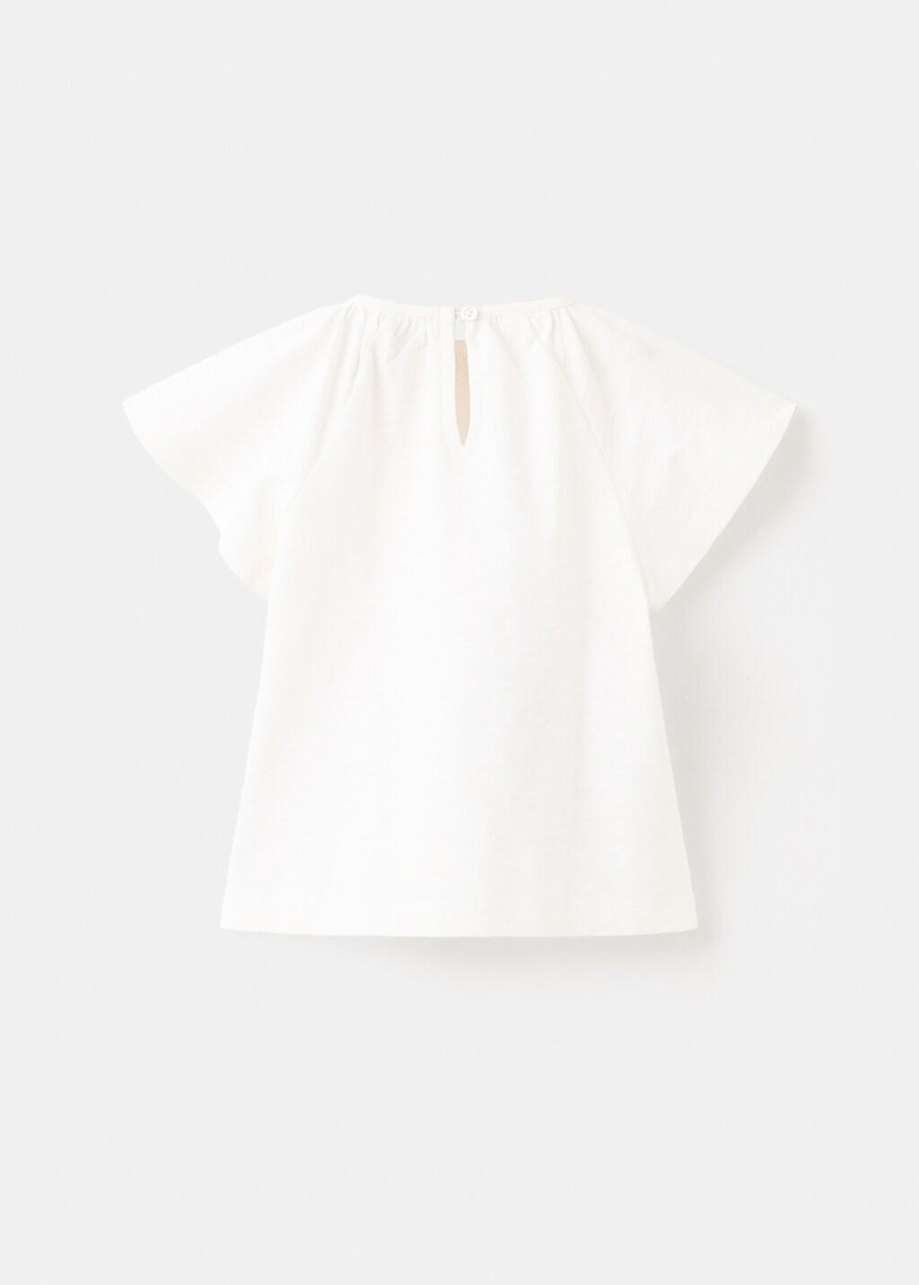 White Cotton T-Shirt With Embroidered Flowers, Baby Girl, Natural White, medium