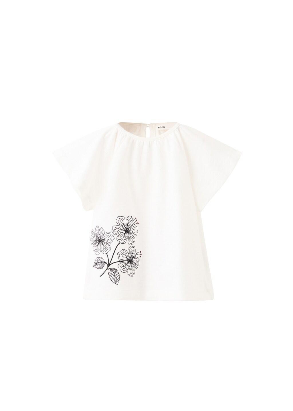 WHITE Cotton T-shirt with embroidered flowers, Baby Girl, Natural White, large image number 5