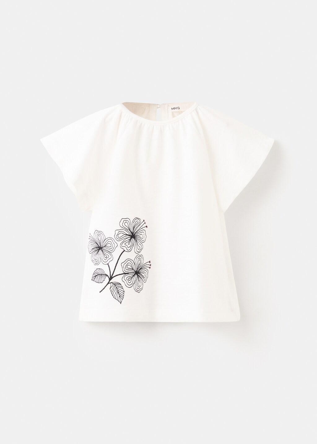 WHITE Cotton T-shirt with embroidered flowers, Baby Girl, Natural White, large image number 6