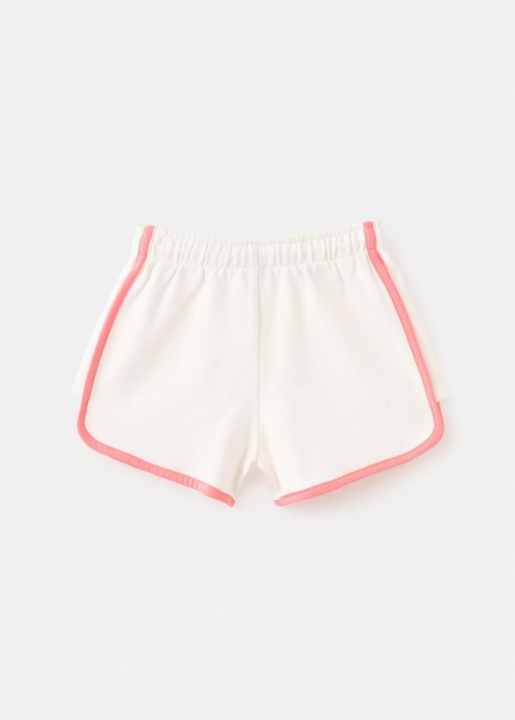 White Cotton Shorts With Contrast Stitching, Kids Girl, Natural White, large image number 2
