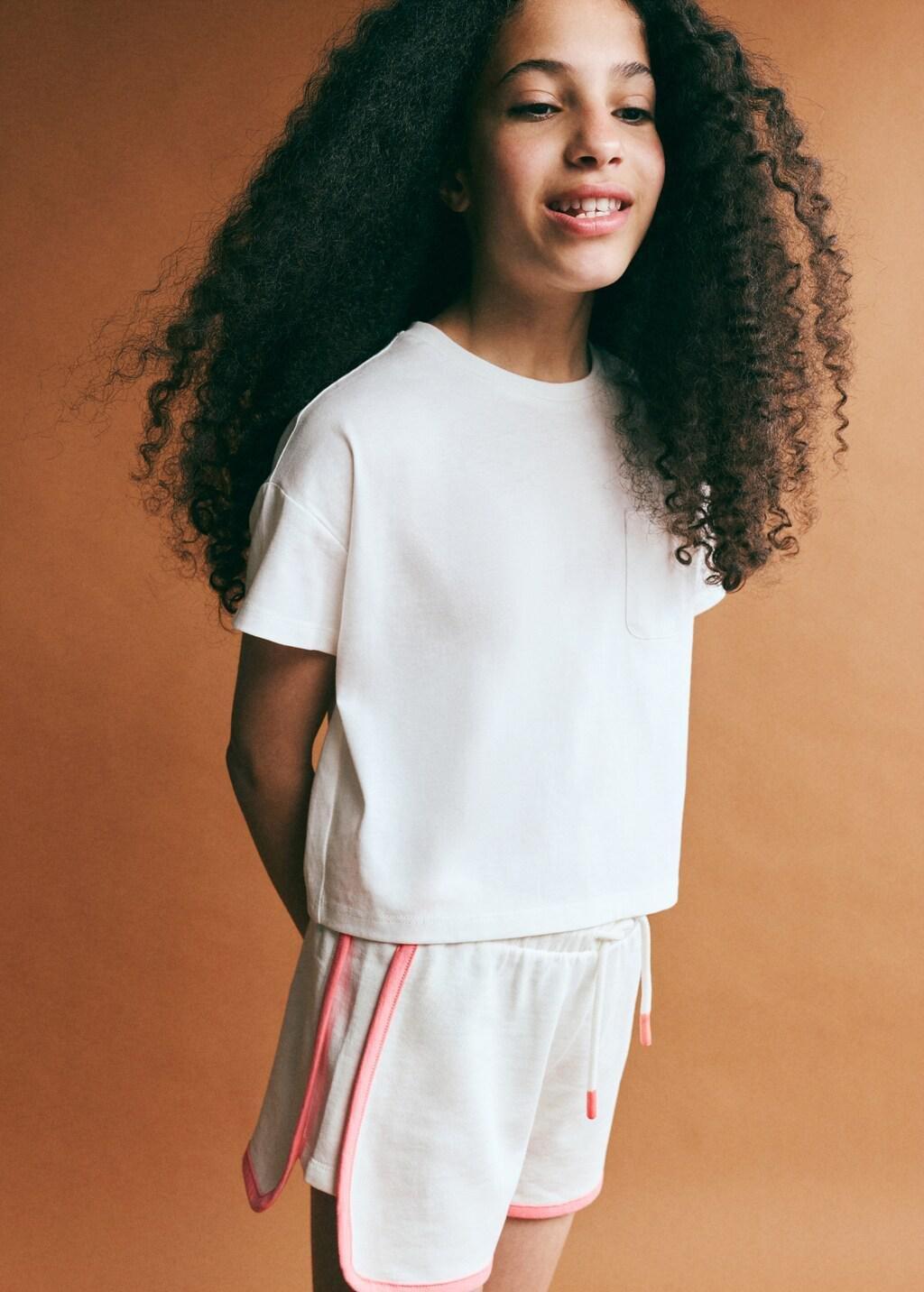 White Cotton Shorts With Contrast Stitching, Kids Girl, Natural White, large image number 3