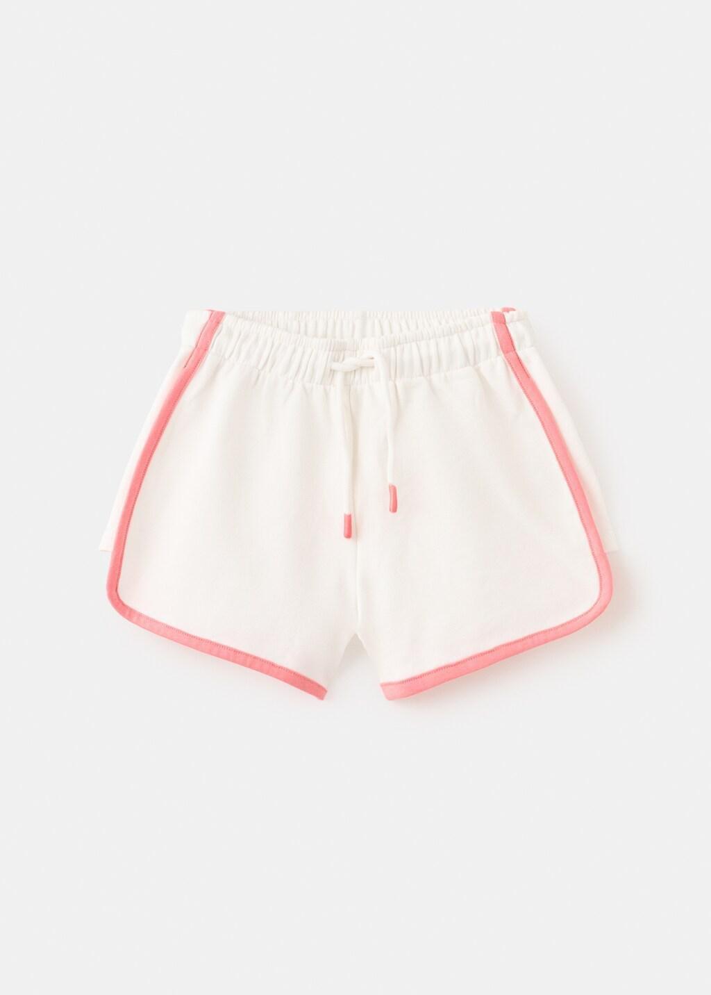 White Cotton Shorts With Contrast Stitching, Kids Girl, Natural White, large image number 6