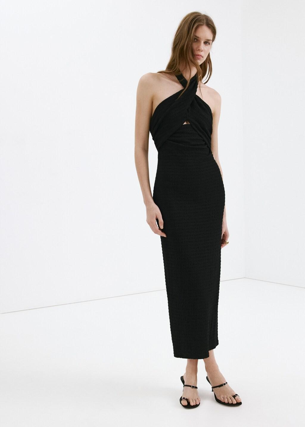 Black Crossed Halter Dress With Opening, Black, large image number 0