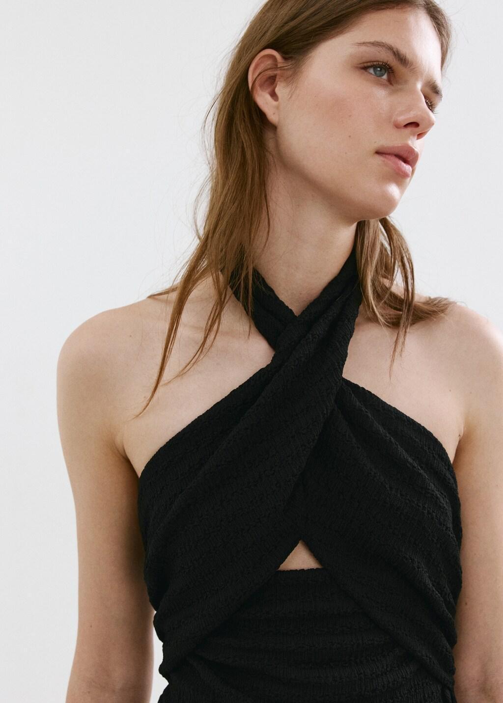 Black Crossed Halter Dress With Opening, Black, large image number 4