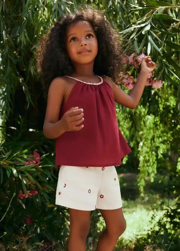 Beige Straight Shorts With Embroidered Flowers, Baby Girl, Light Beige, medium