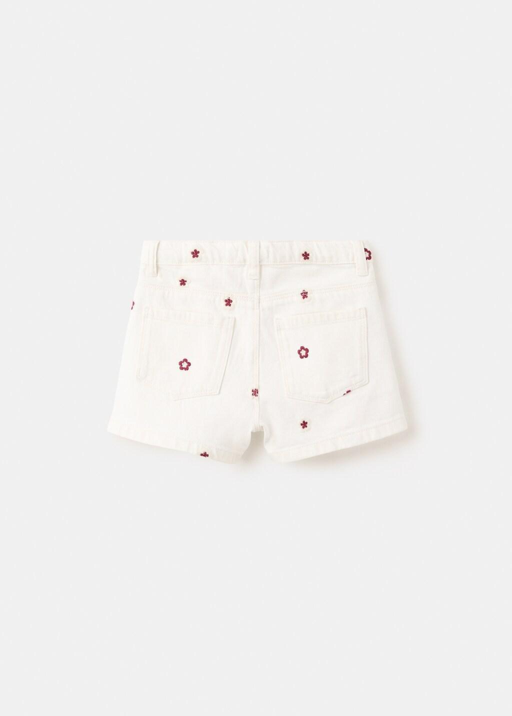 Beige Straight Shorts With Embroidered Flowers, Baby Girl, Light Beige, medium