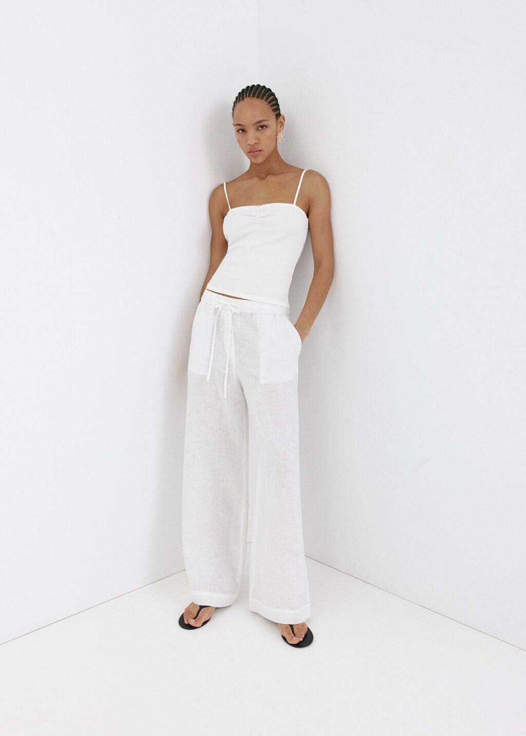 White Linen Wide-Leg Trousers, White, large image number 0