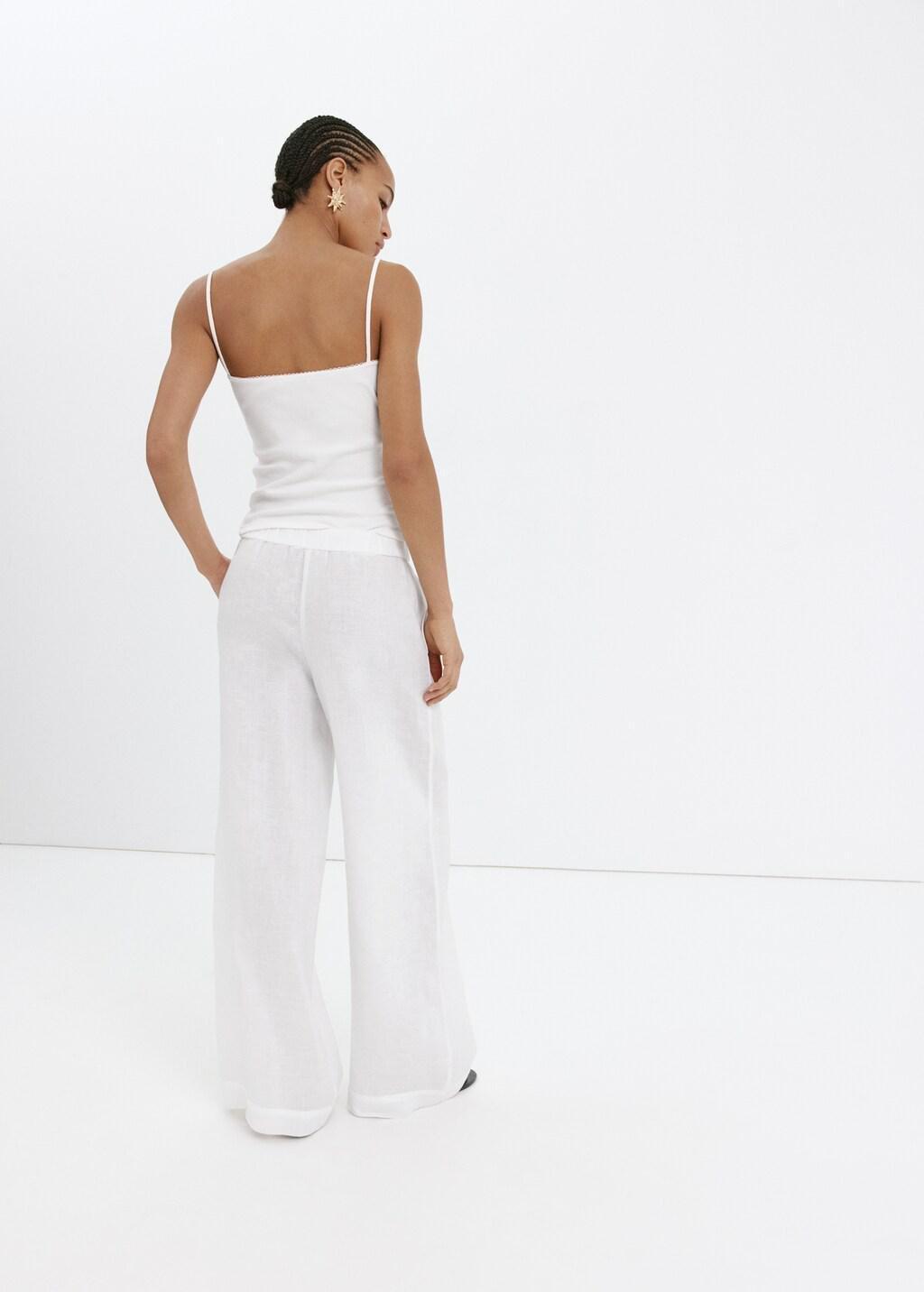 White Linen Wide-Leg Trousers, White, medium