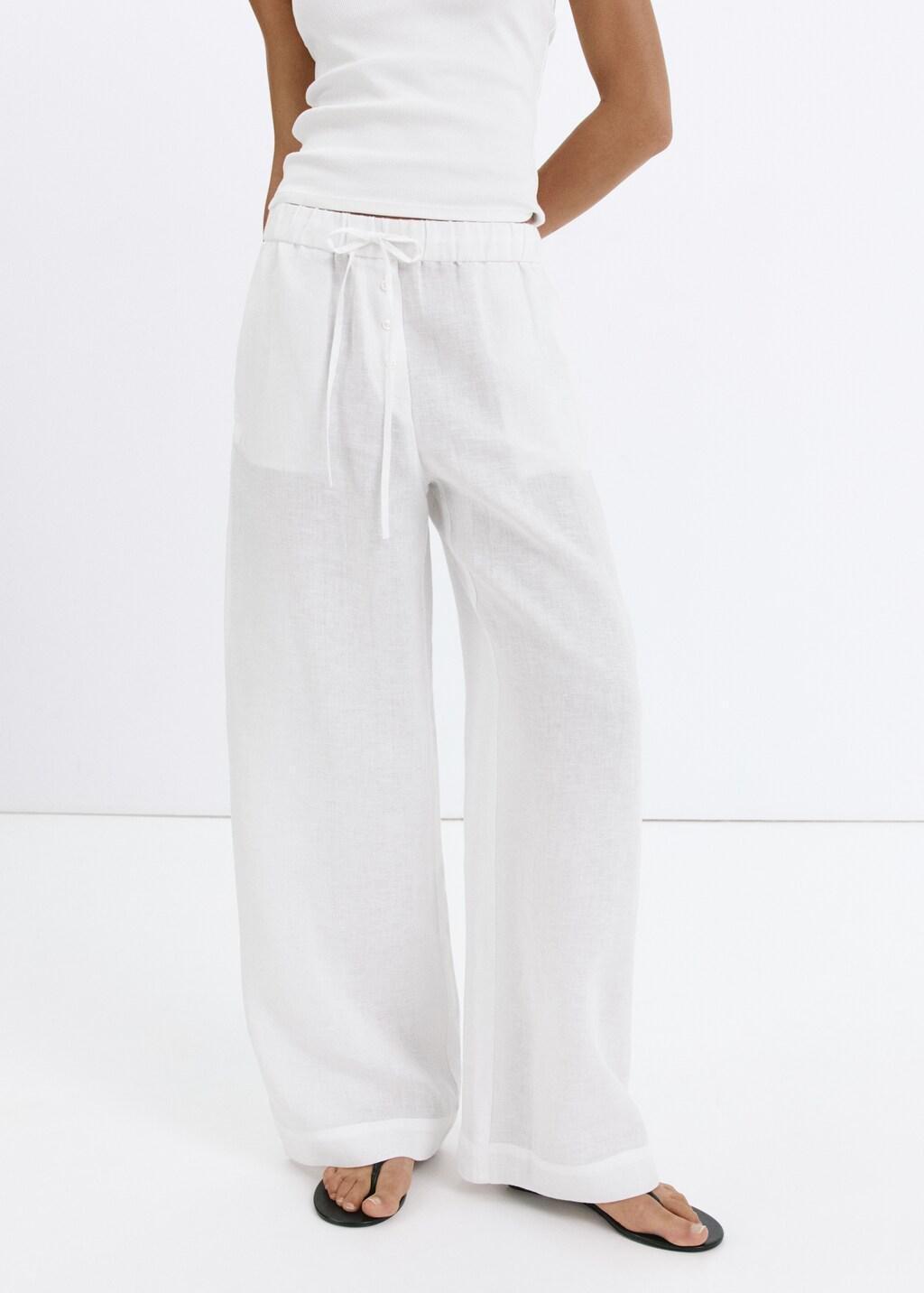 White Linen Wide-Leg Trousers, White, large image number 3