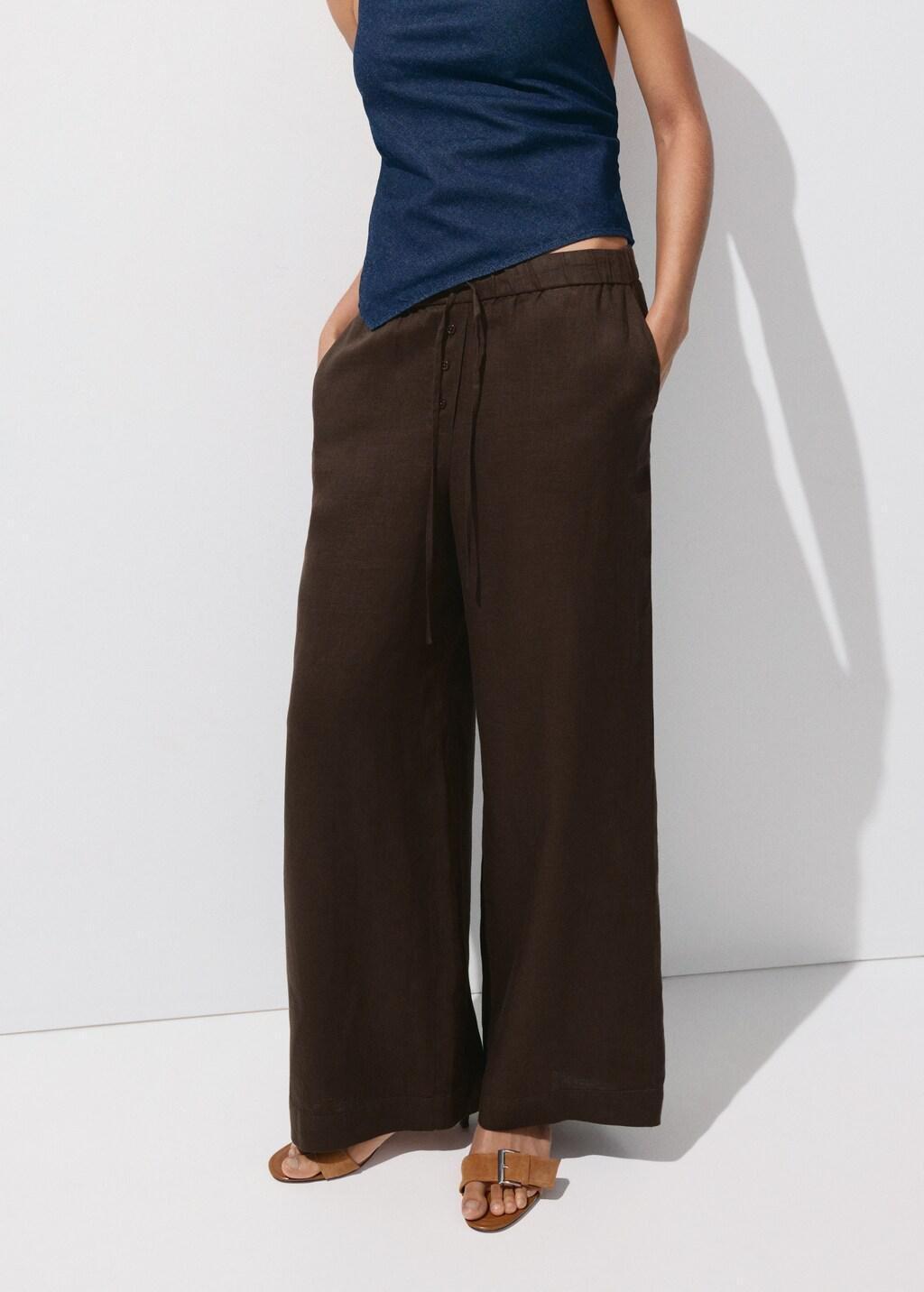 DARK BROWN Linen wide-leg trousers, Dark Brown, large image number 3