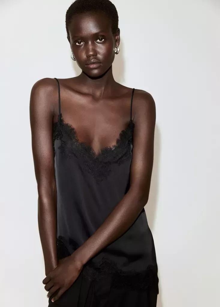 Black Asymmetric Lace Camisole Top, Black, large image number 0