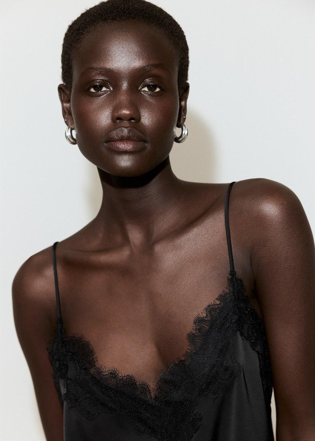 Black Asymmetric Lace Camisole Top, Black, large image number 3