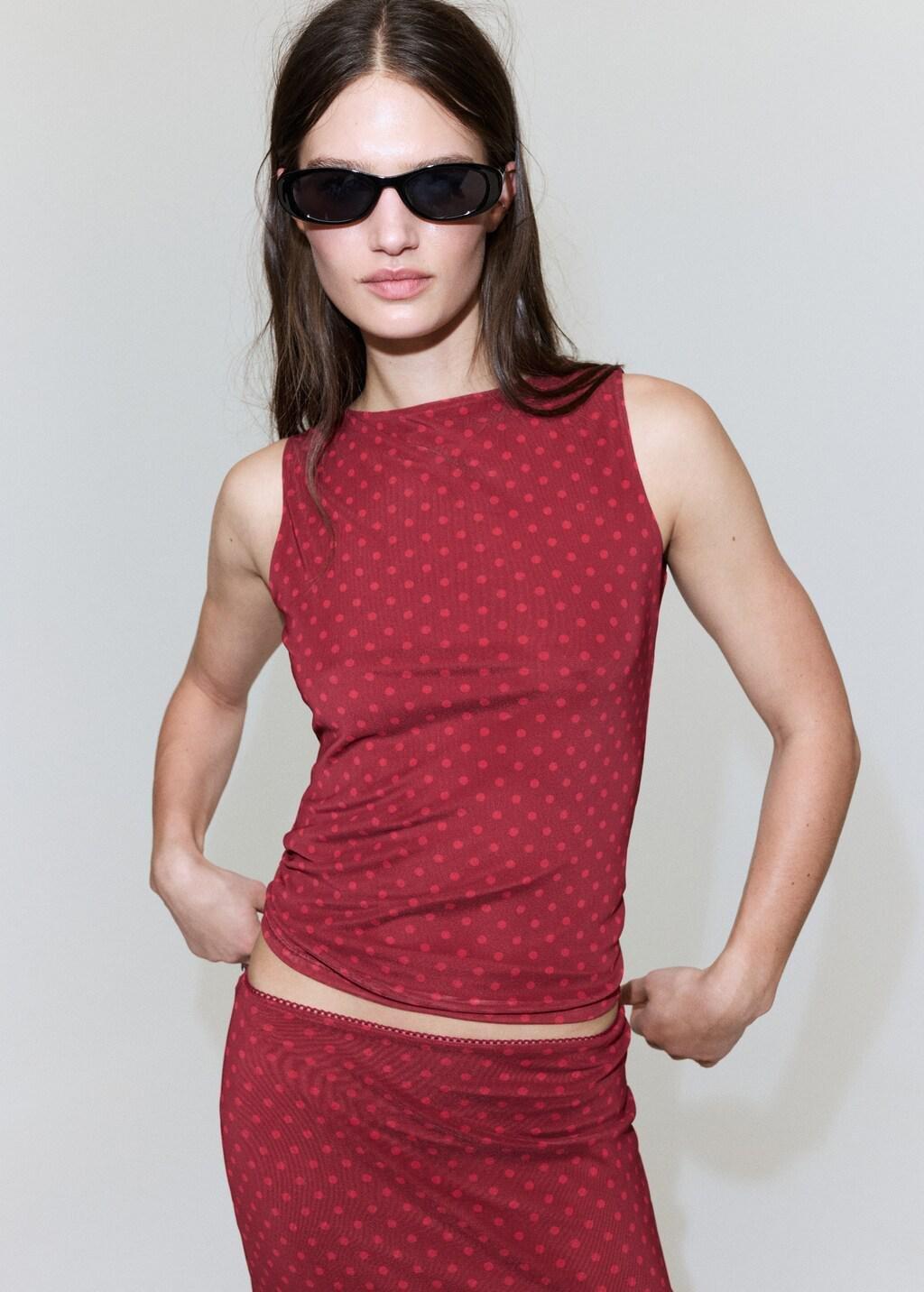 Red Polka Dot Print Tulle Top, 0201_70, large image number 3