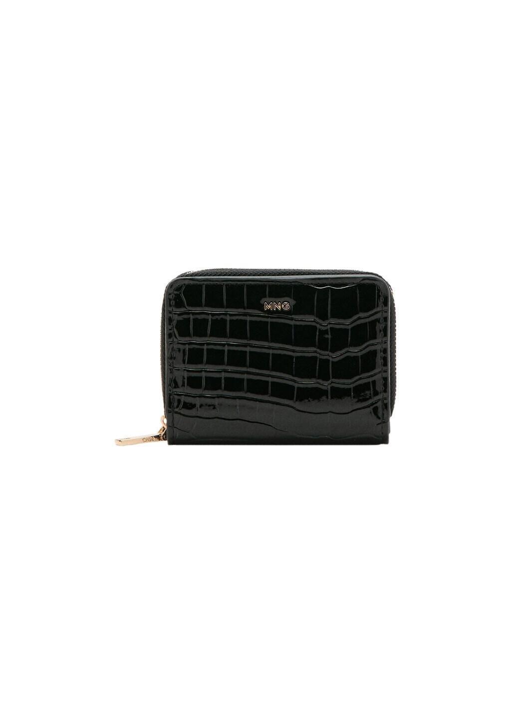 Black Medium Glossy Croc Wallet, Black, medium