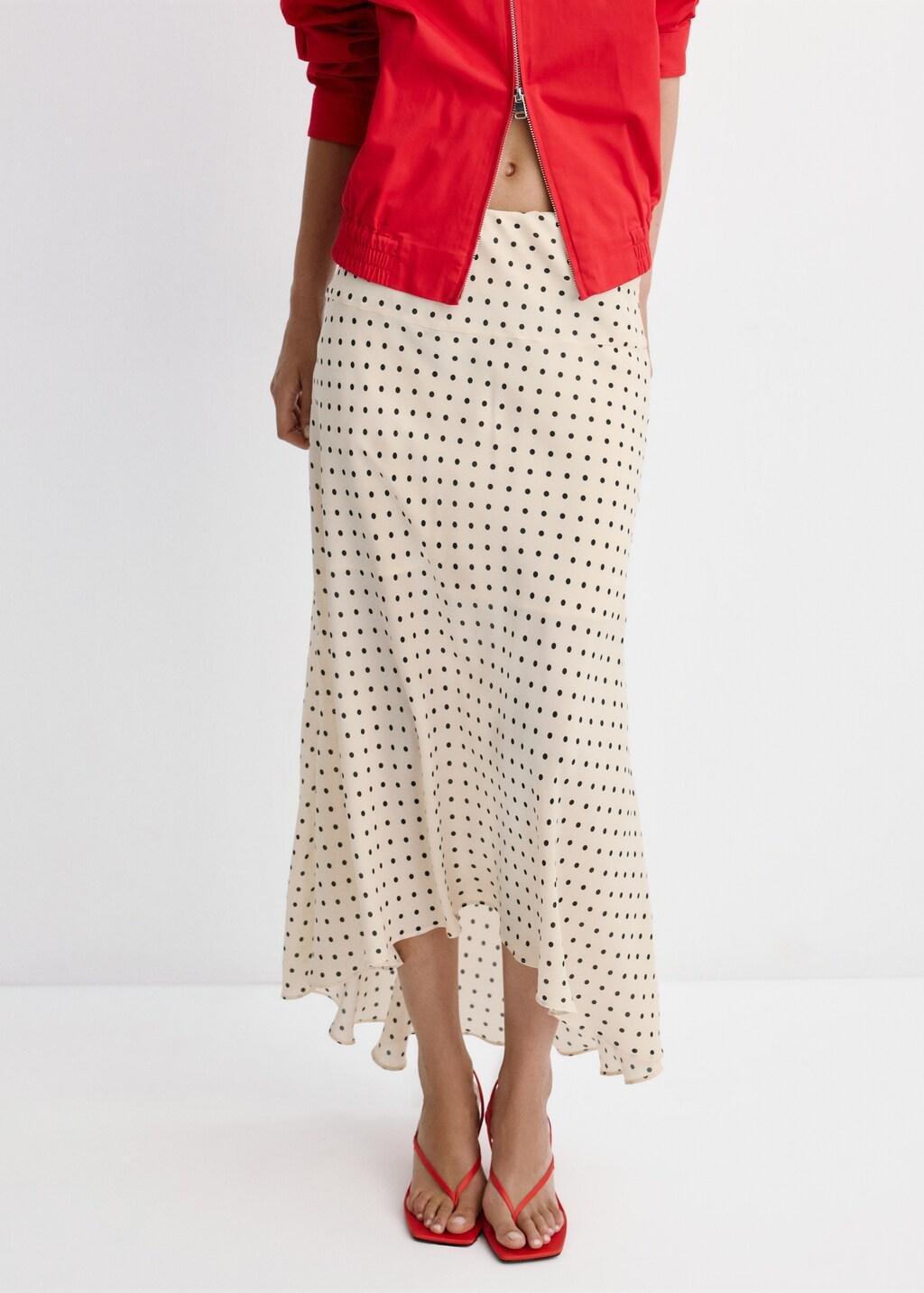 Beige Polka Dot Skirt With Asymmetric Hem, Light Beige, large image number 3