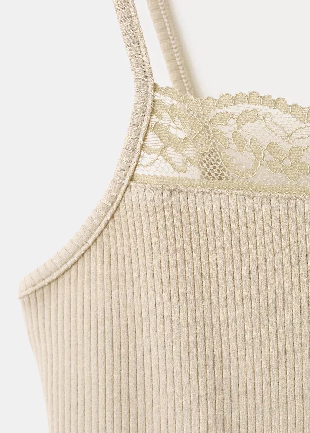 Brown Fitted Top With Lace Detail, Light Pastel Brown, medium