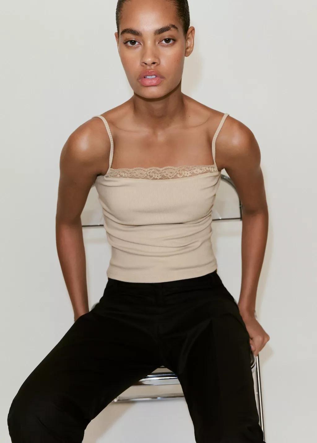Brown Fitted Top With Lace Detail, Light Pastel Brown, large image number 3