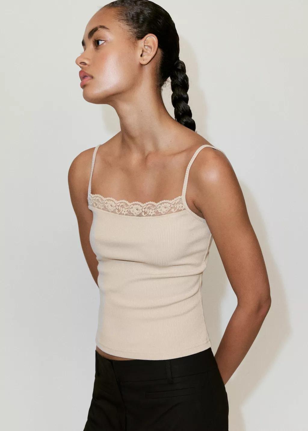 Brown Fitted Top With Lace Detail, Light Pastel Brown, large image number 4