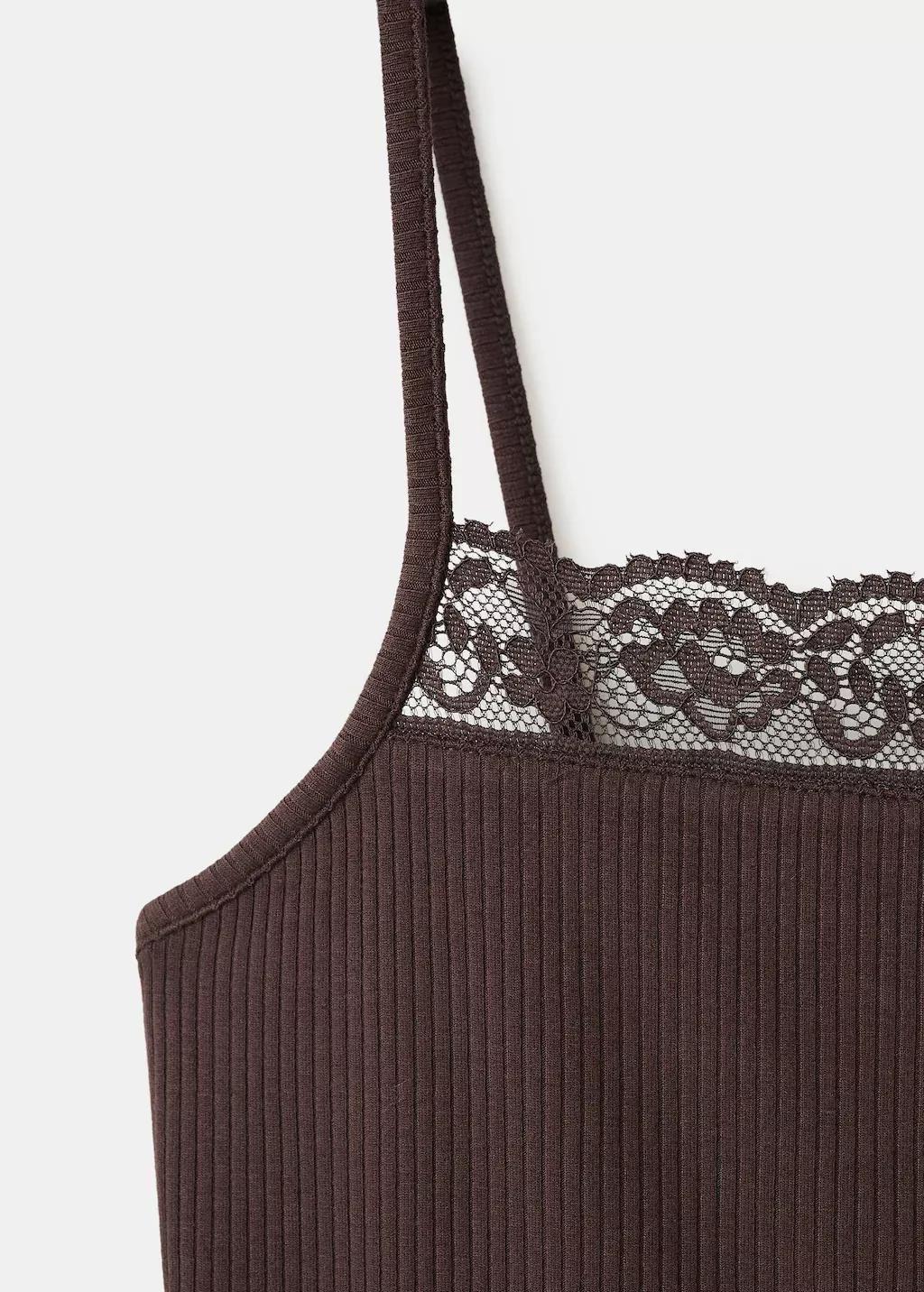 Brown Fitted Top With Lace Detail, Brown, medium