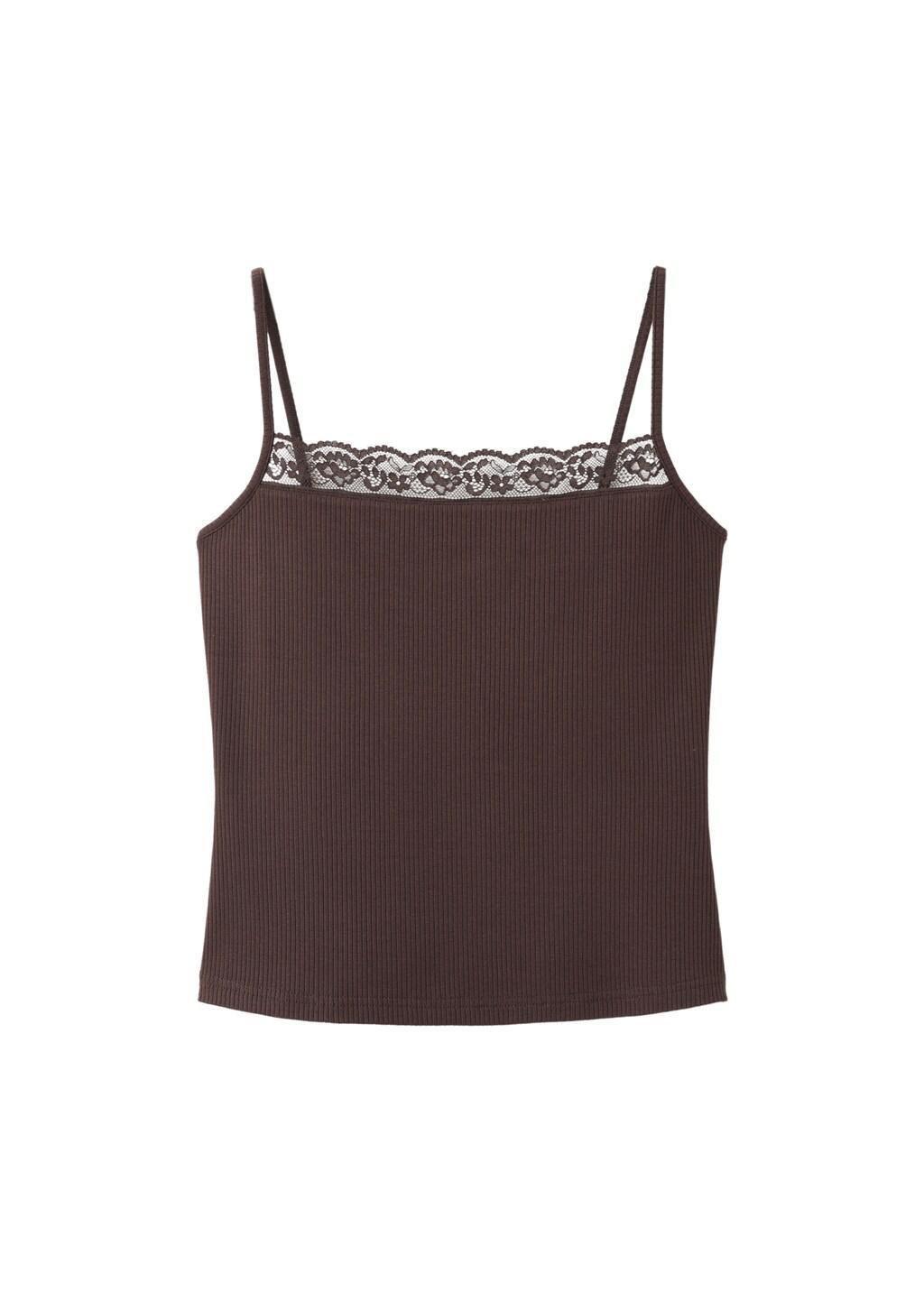Brown Fitted Top With Lace Detail, Brown, large image number 6